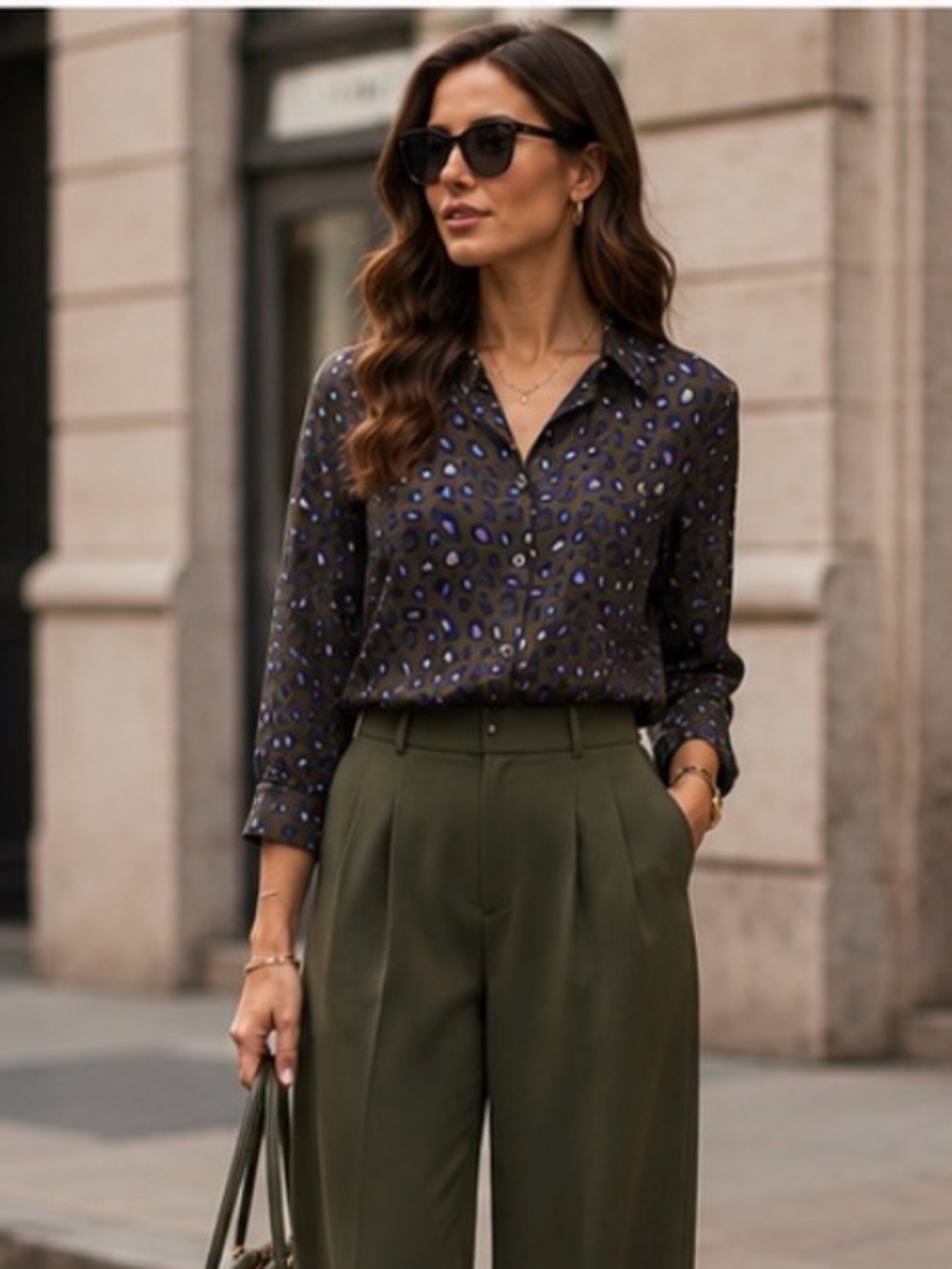 100% Silk Dark Leopard Print Button-Up Blouse in Indigo and Olive